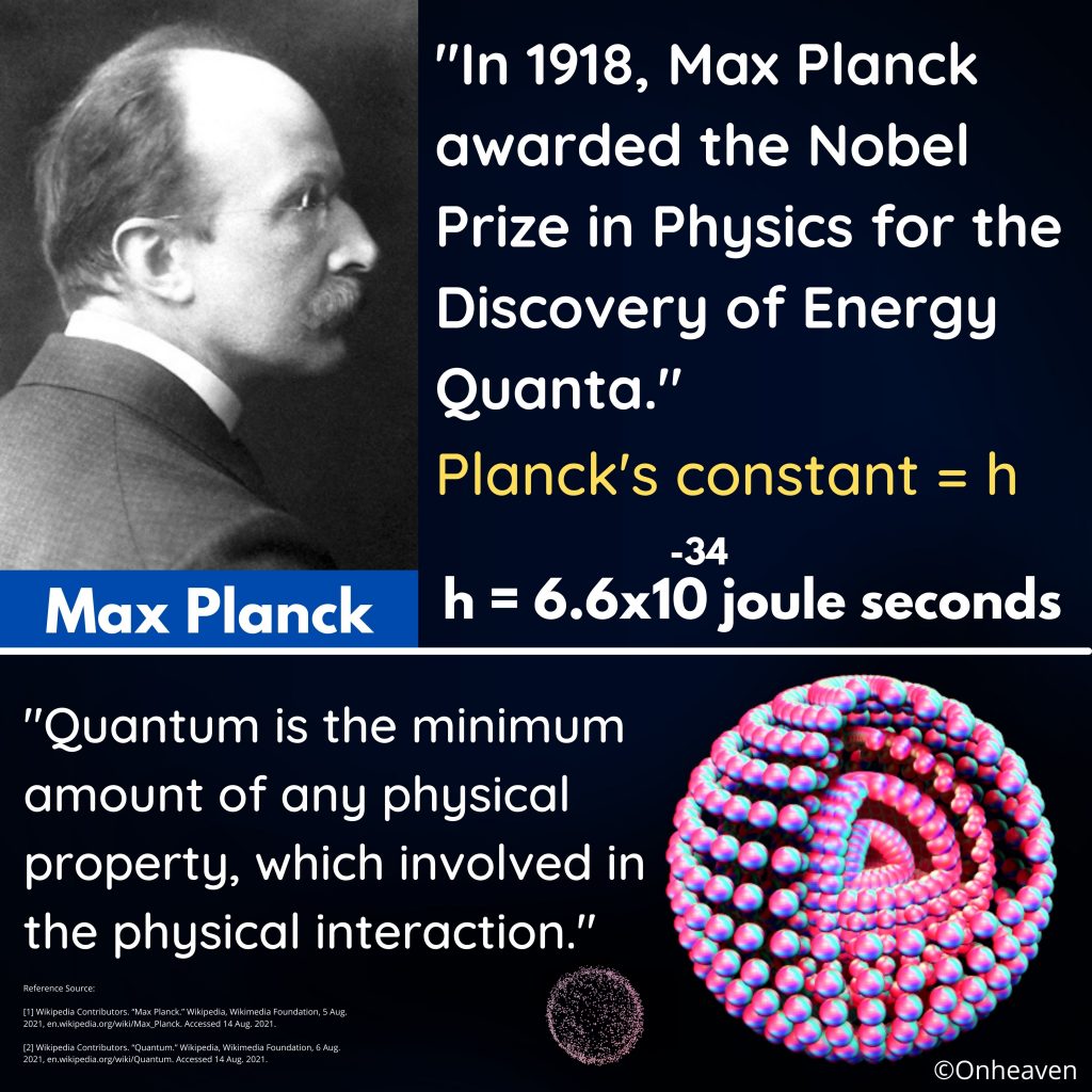 In 1918, Max Planck awarded the Nobel Prize in Physics for the Discovery of Energy Quanta.